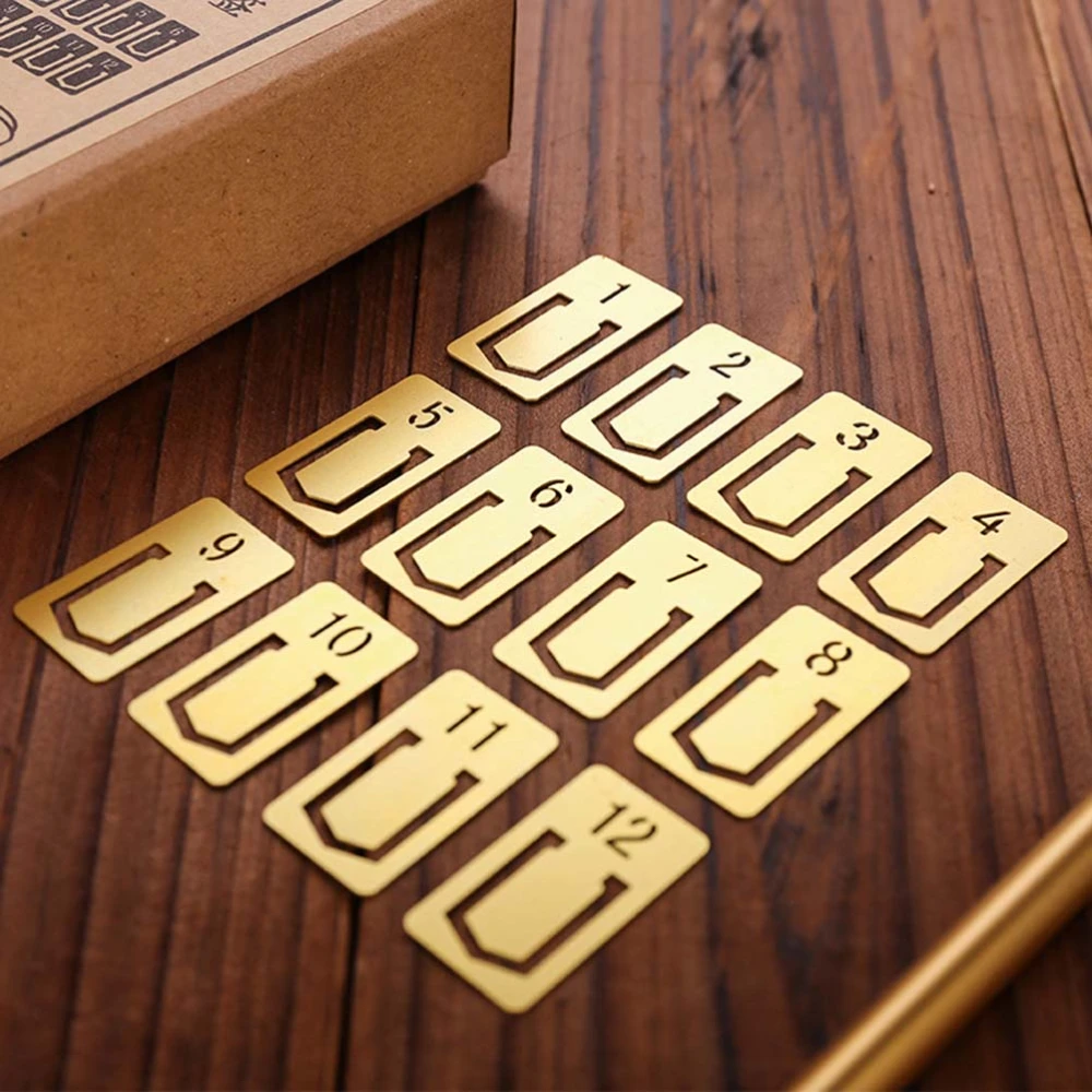 12Pcs Creative Brass Bookmarks Vintage Engraving Number Pattern Metal Bookmarks for Stationery Gifts