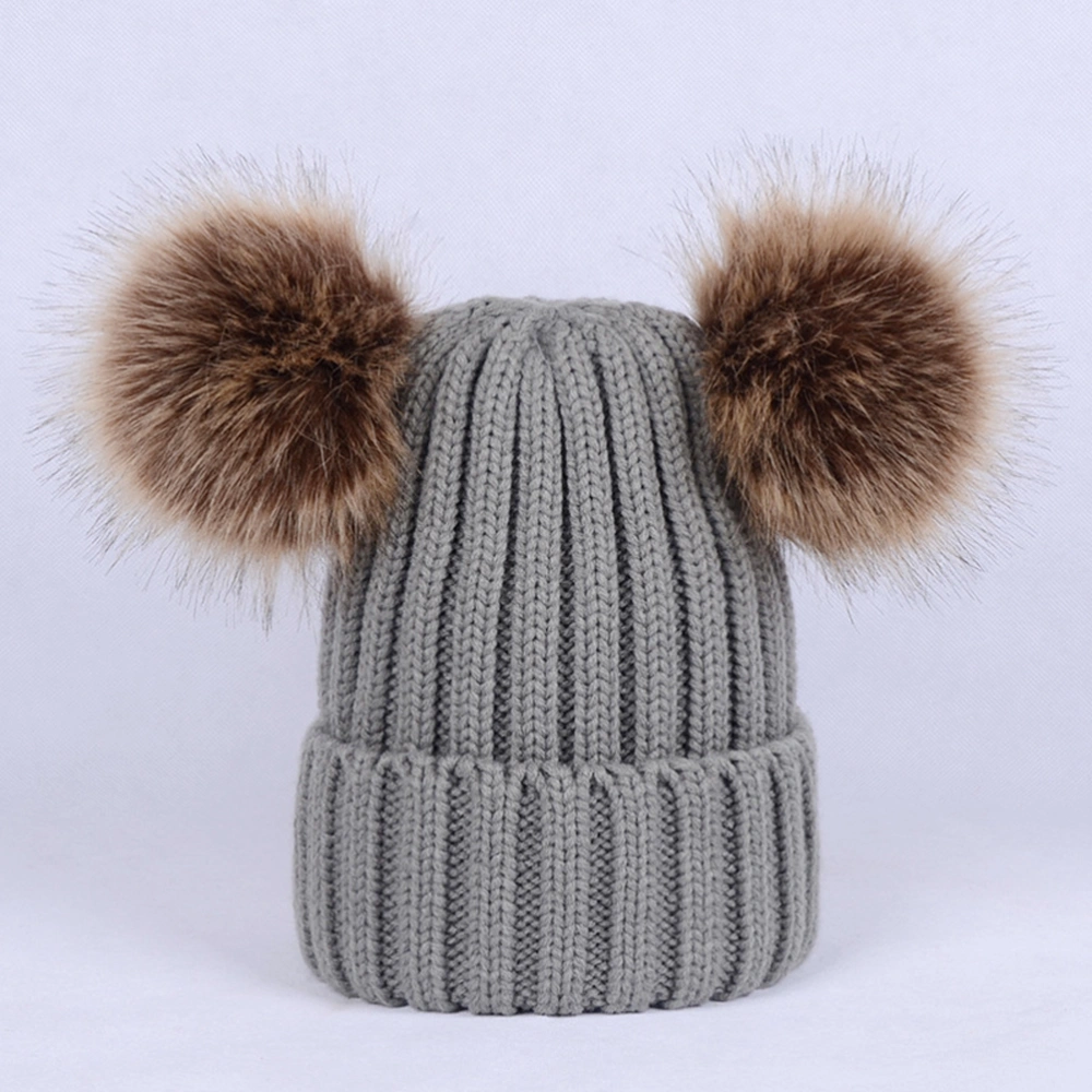 Winter Knit Beanie Hat with Double Pom Pom Ears for Women Girls (Grey)