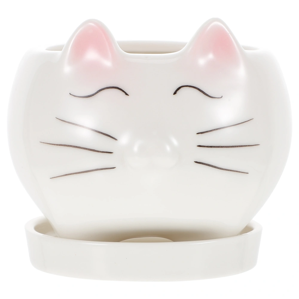 Cartoon Cat White Ceramic Flower Pot Creative Flower Meaty Flower Pot Ornament for Home Use Mini Cat with Base Without Plant