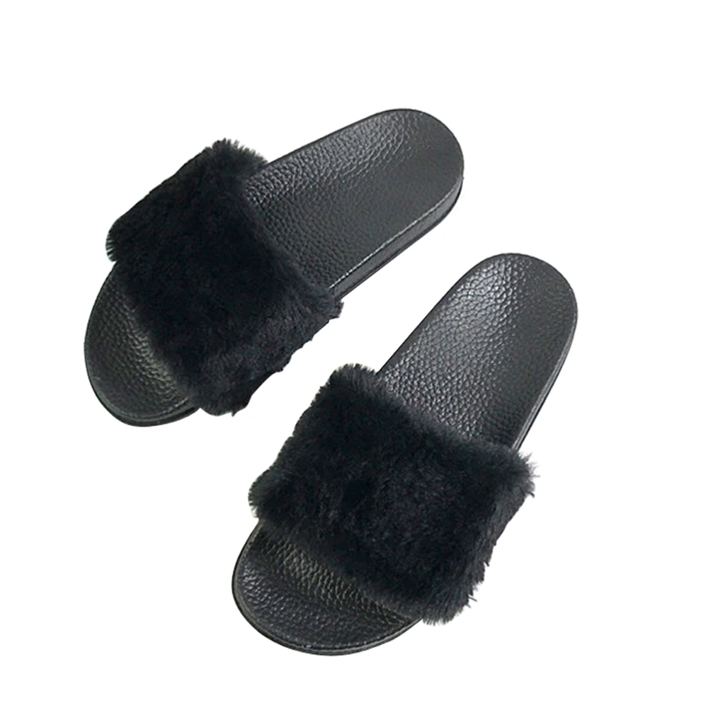 Pair Of Flat On Cosy Fluffy Sandals Slippers Flops Ladies Shoes Sliders Plush Funny Comfort Autumn Winter Indoor Slippers Size 38 (Black)