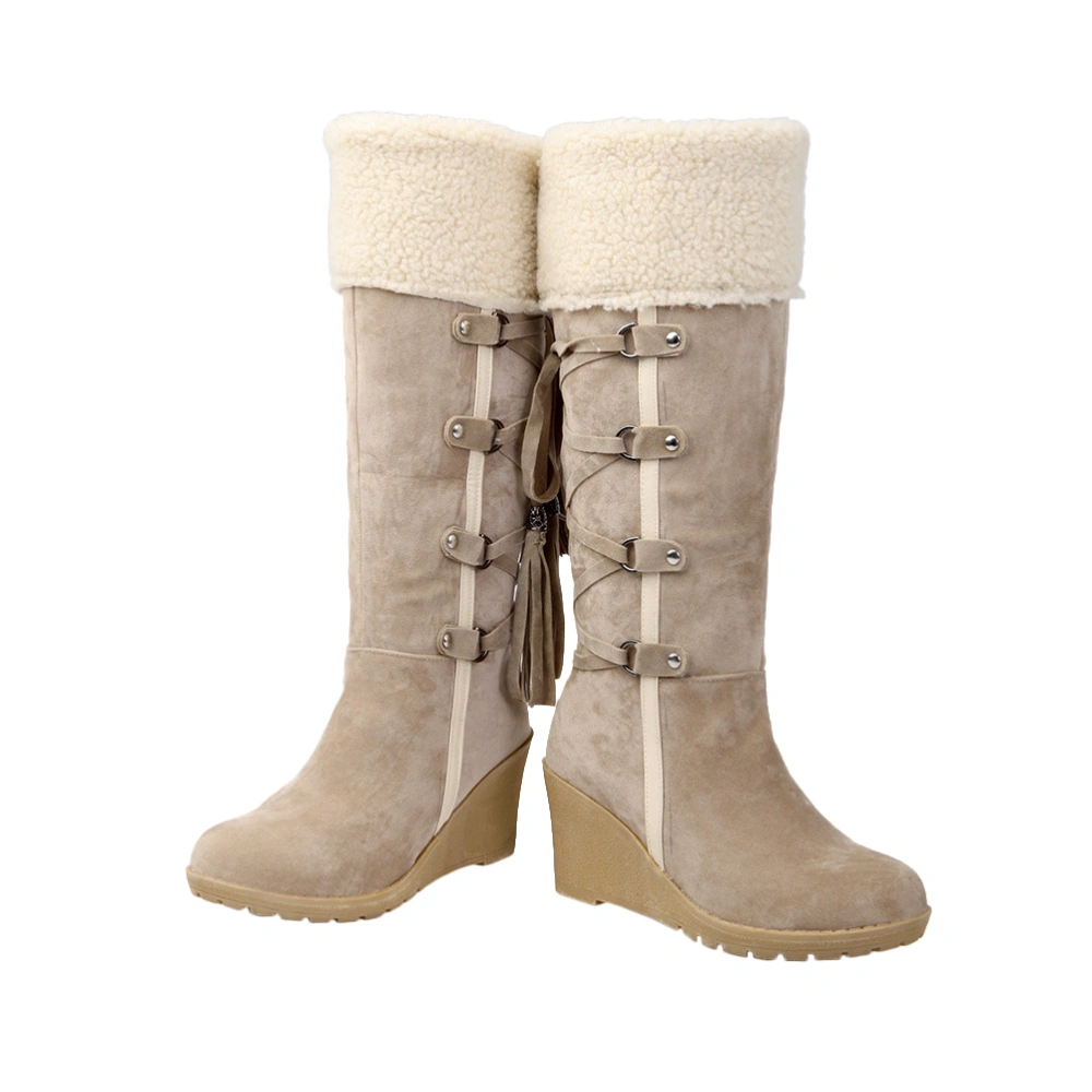 Women High Boots Fashion Slipsole High Boots Girl Tassel Boots Winter Snow Boots (Beige Size 36)