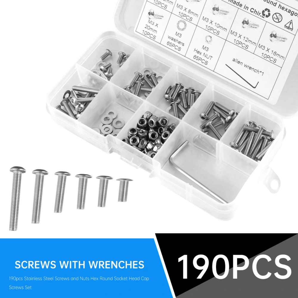 190pcs Stainless Steel Screws and Nuts Hex Round Socket Head Screws Set