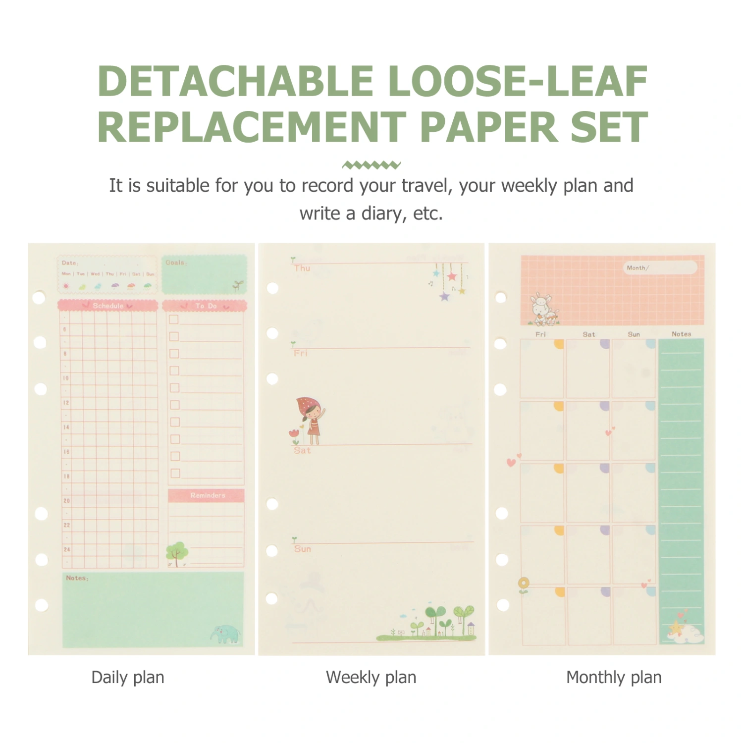 3Pcs Planner Papers Loose Leaf Papers Useful Punched Filler Papers for Home School