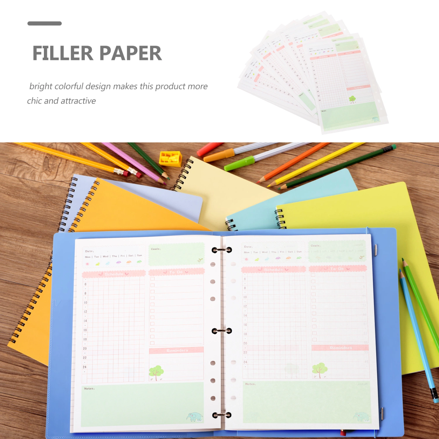 2pcs Colorful A5 Size 6 Holes Loose Leaf Paper Filler Paper Refills for Spiral Notebook Daily Planner Notepad (Daily Plan Pattern)