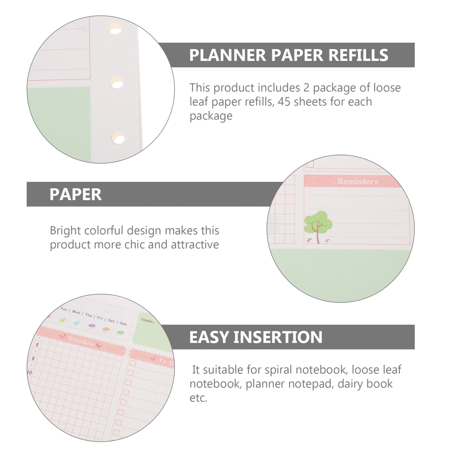 2pcs Colorful A5 Size 6 Holes Loose Leaf Paper Filler Paper Refills for Spiral Notebook Daily Planner Notepad (Daily Plan Pattern)
