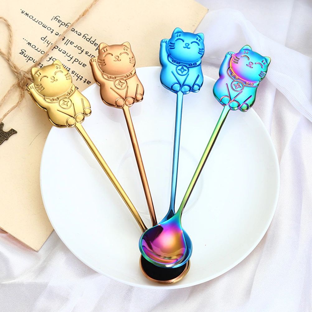 304 Stainless Steel Luck Cat Coffee Stirring Spoon Cartoon Dessert Spoon for Eating Dinner Kitchen (Black)