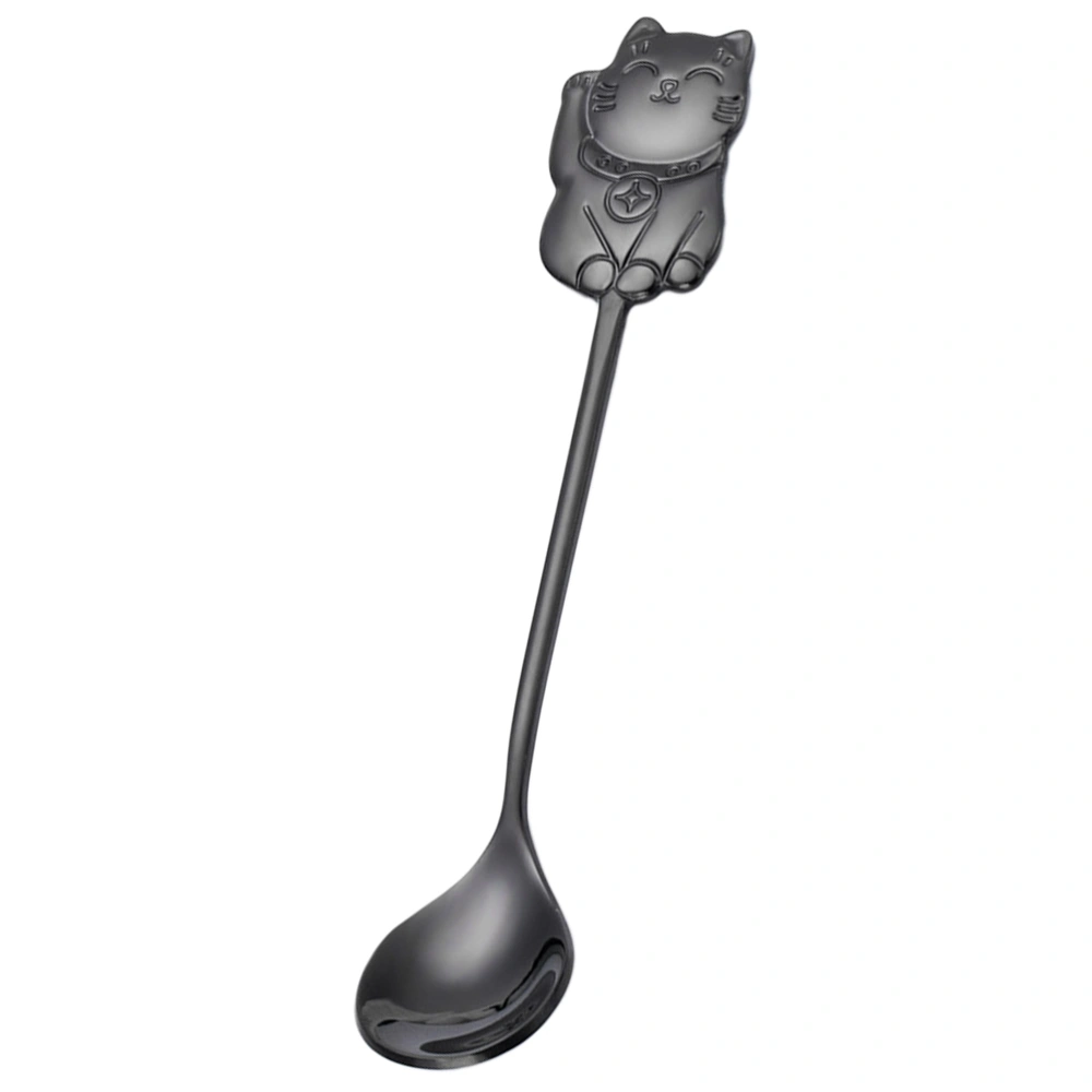 304 Stainless Steel Luck Cat Coffee Stirring Spoon Cartoon Dessert Spoon for Eating Dinner Kitchen (Black)