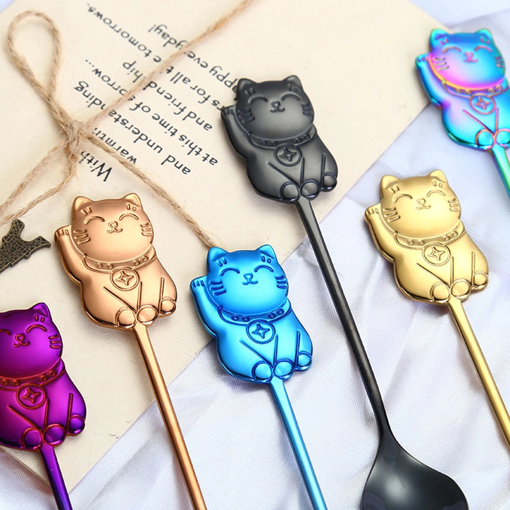 304 Stainless Steel Luck Cat Coffee Stirring Spoon Cartoon Dessert Spoon for Eating Dinner Kitchen (Black)