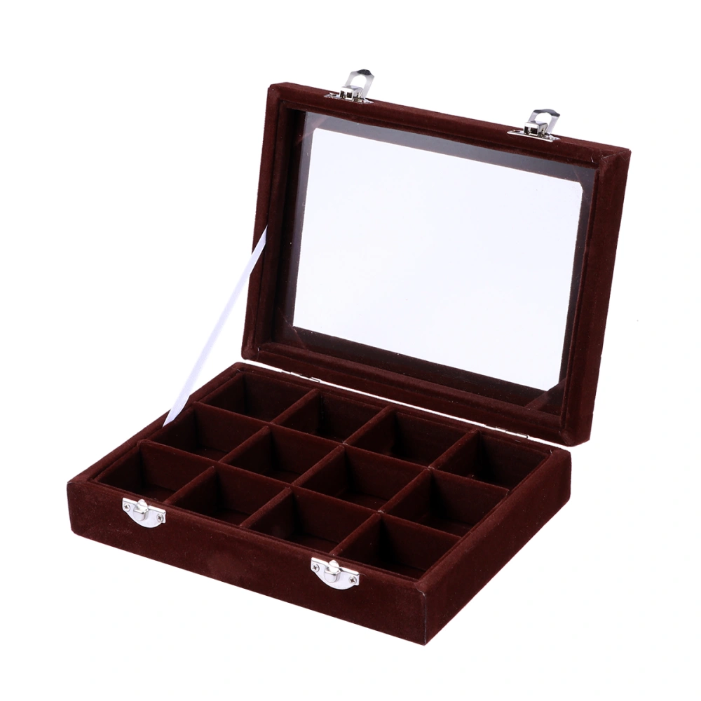 1pc Wooden Grid Jewelry Storage Boxes Jewelry Organizer Glass Grid Jewelry Case for Ring Earrings (Dark Brown)