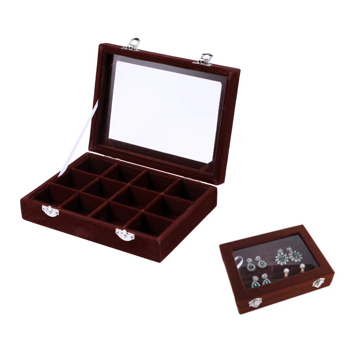 1pc Wooden Grid Jewelry Storage Boxes Jewelry Organizer Glass Grid Jewelry Case for Ring Earrings (Dark Brown)