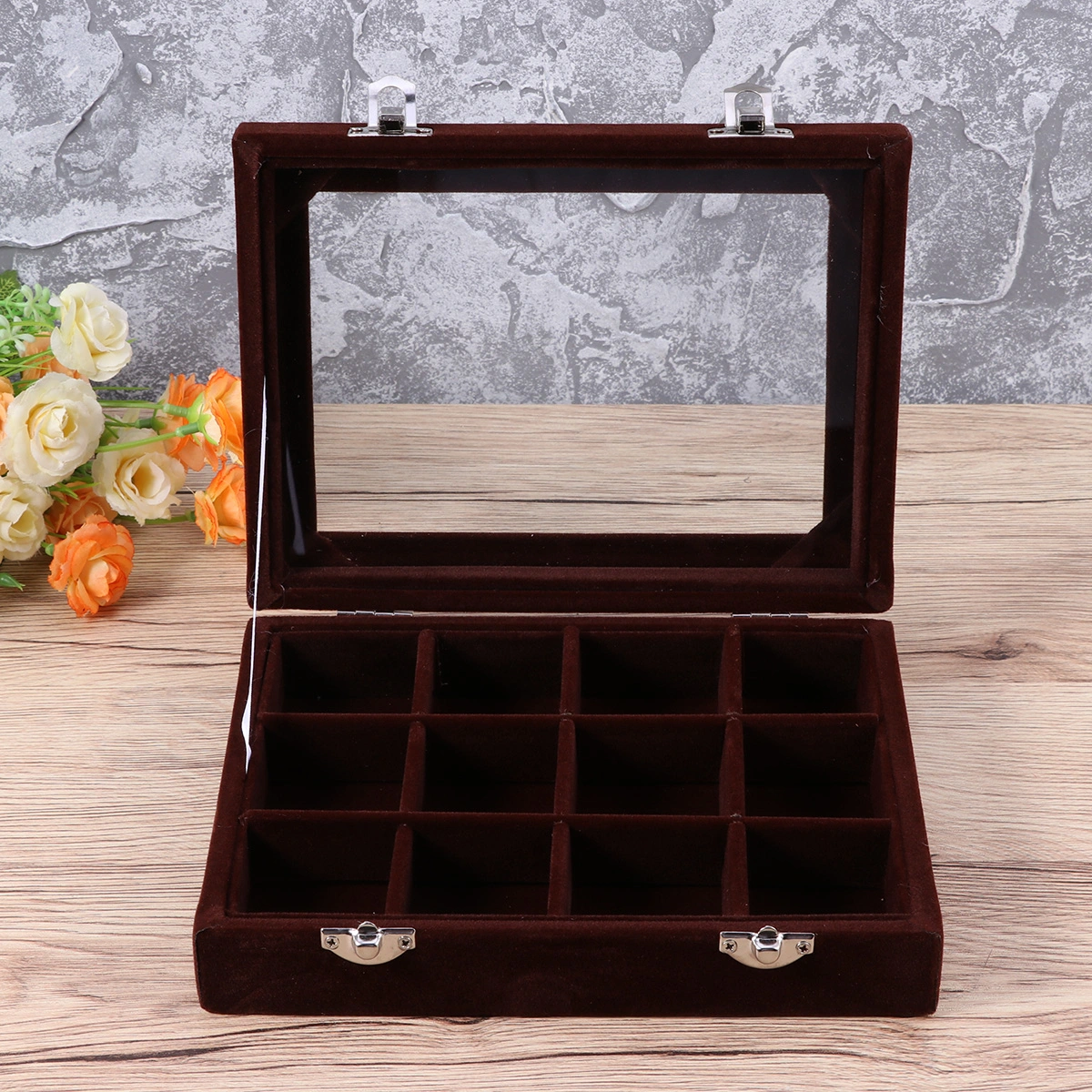 1pc Wooden Grid Jewelry Storage Boxes Jewelry Organizer Glass Grid Jewelry Case for Ring Earrings (Dark Brown)
