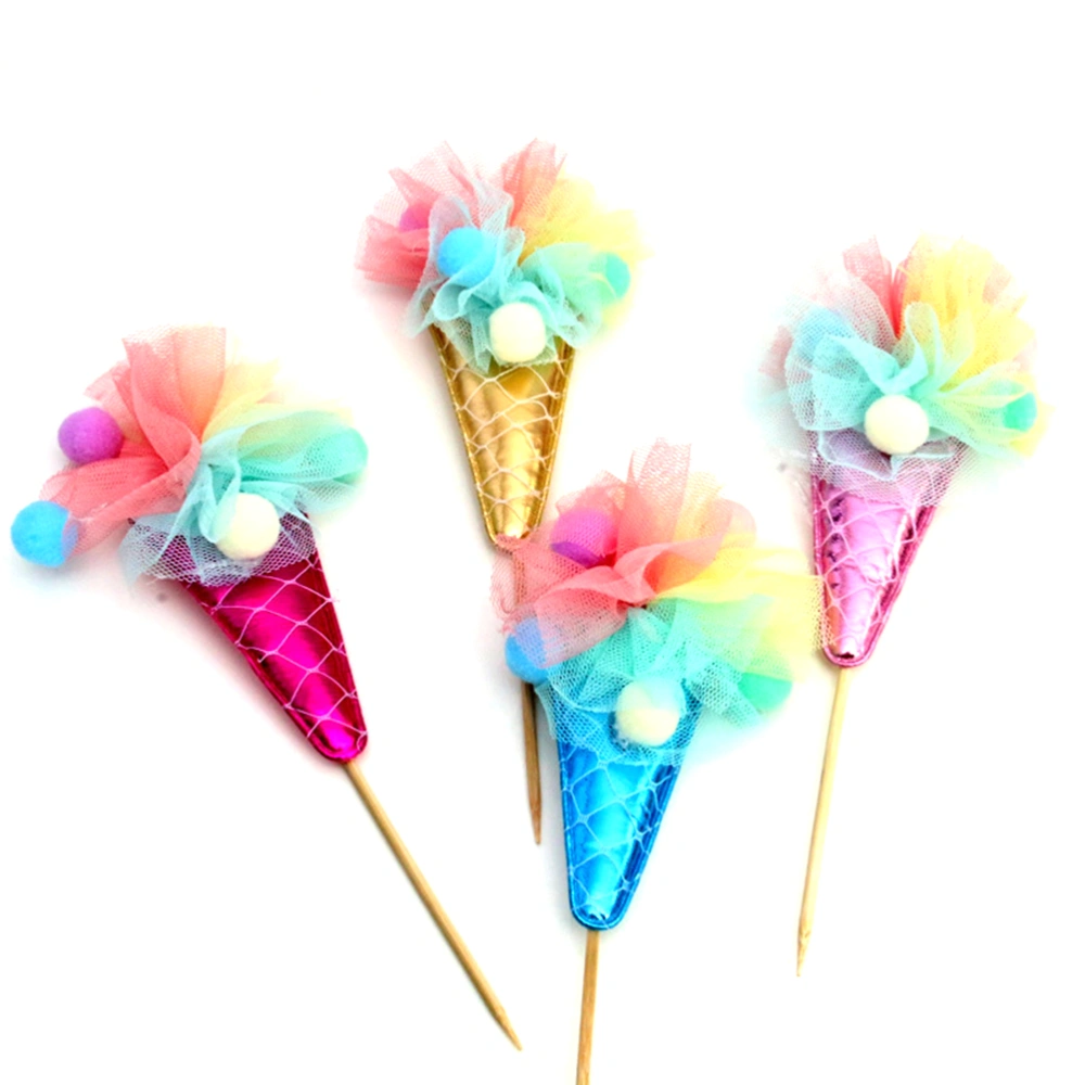 4Pcs Cake Toppers Party Favors Supplies Ice Cream Cupcake Decoration for Birthday Wedding (Assorted Color)