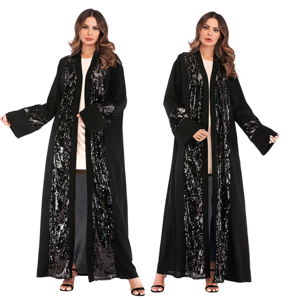 Women Large Size Robe Dress Fashion Sequin Beaded Dubai Kaftan Muslim Gown Patchwork Abaya Middle Eastern Maxi Long Sleeve Ethnic Robe for Ladies（Black S）