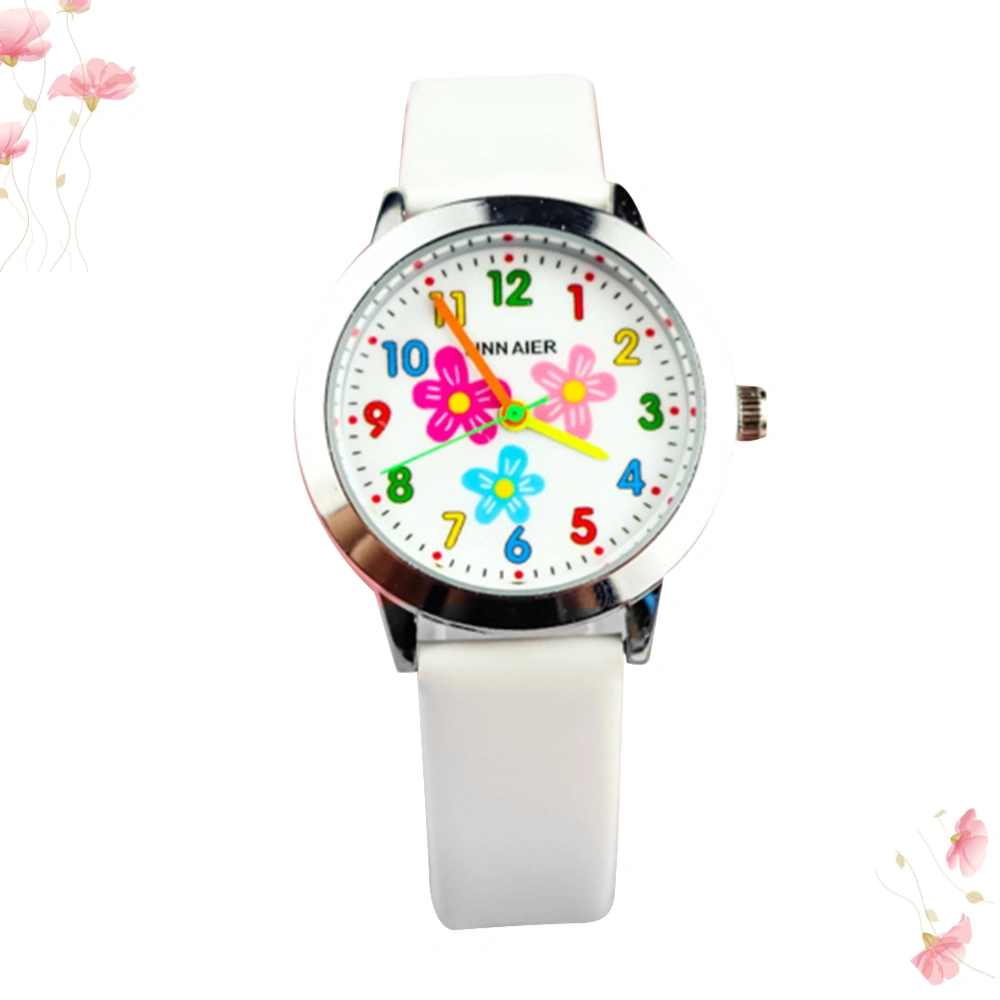 Flower Pattern Children Watch Creative Quartz Watch Fashion Kids Watch Birthday Gift for Students Toddlers (White)