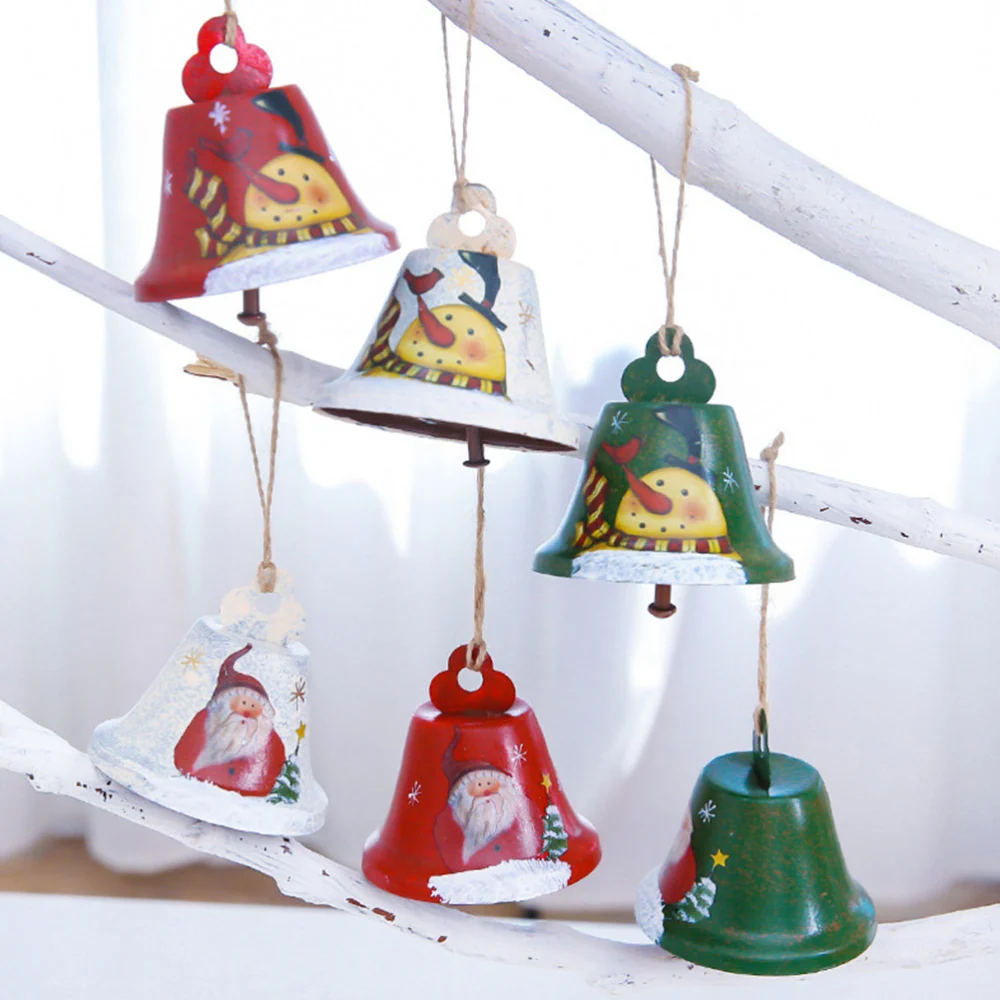 2 PCs Christmas Iron Hanging Bell Santa Claus Pattern Bell Christmas Tree Hanging Pendant Decorative Props with Hemp Rope(Red)