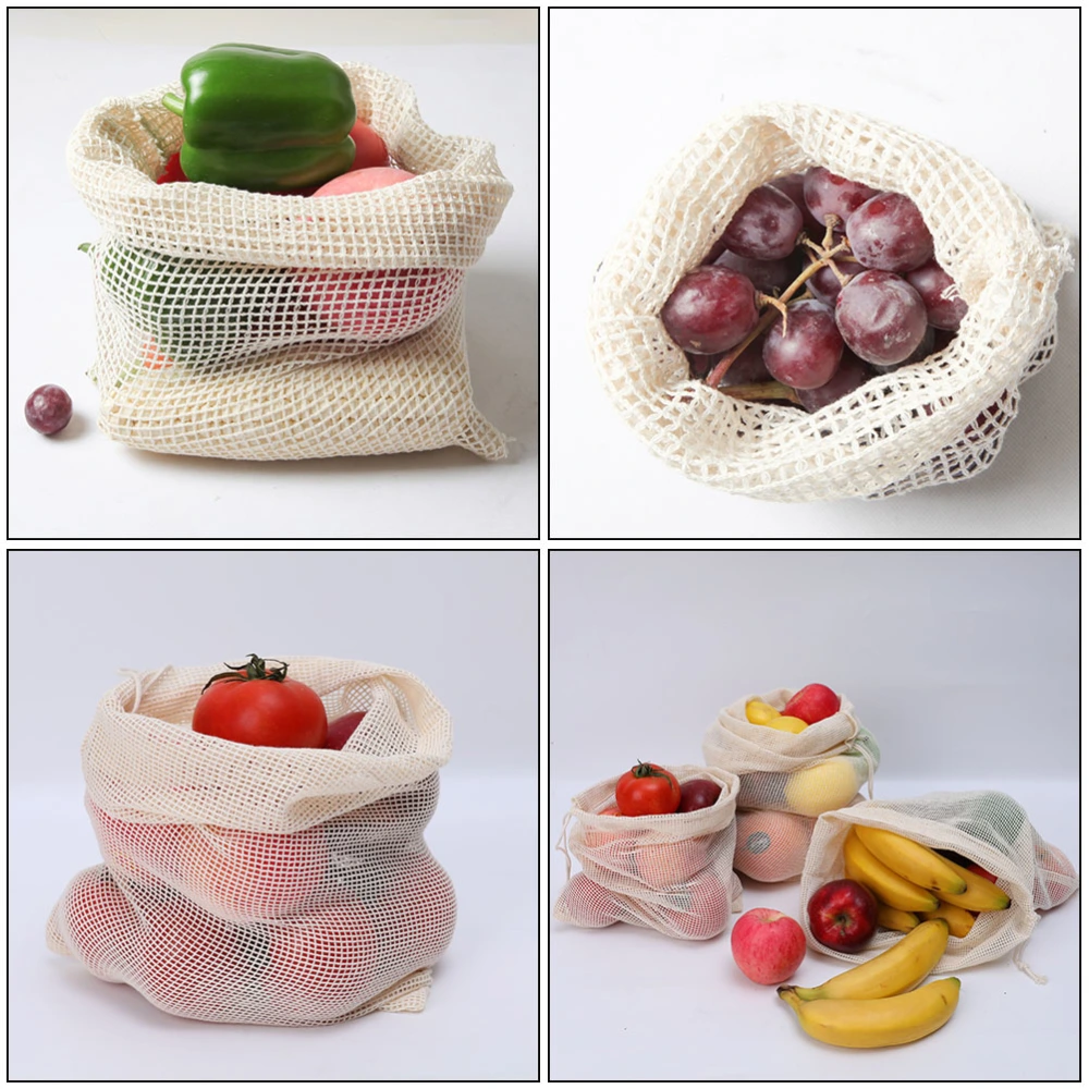 3Pcs Cotton Mesh Bag Drawsdtring Fruit Storage Bag Portable Shopping Bag (Beige)