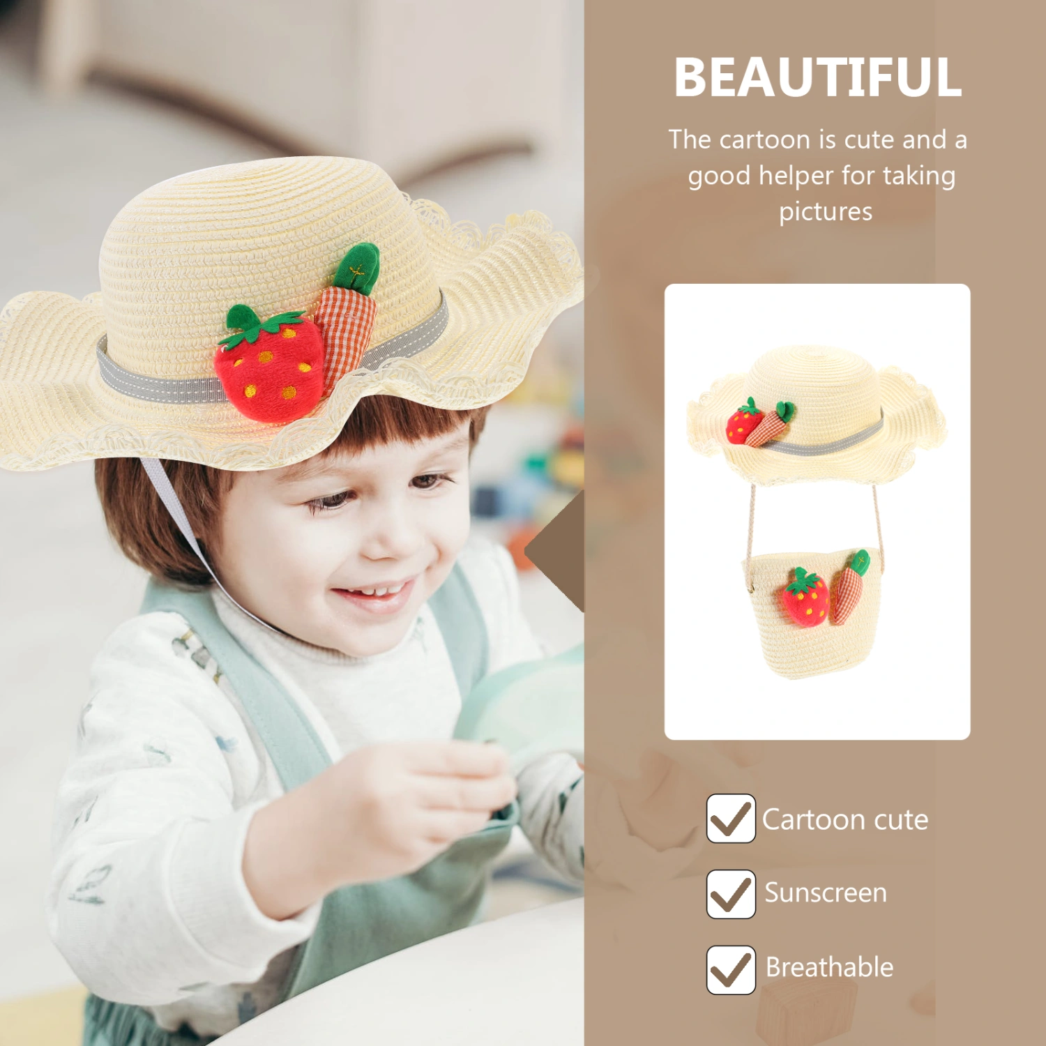 1 Set Lovely Children Straw Sun Hat Children Straw Cross Bag Sun-shading Hat