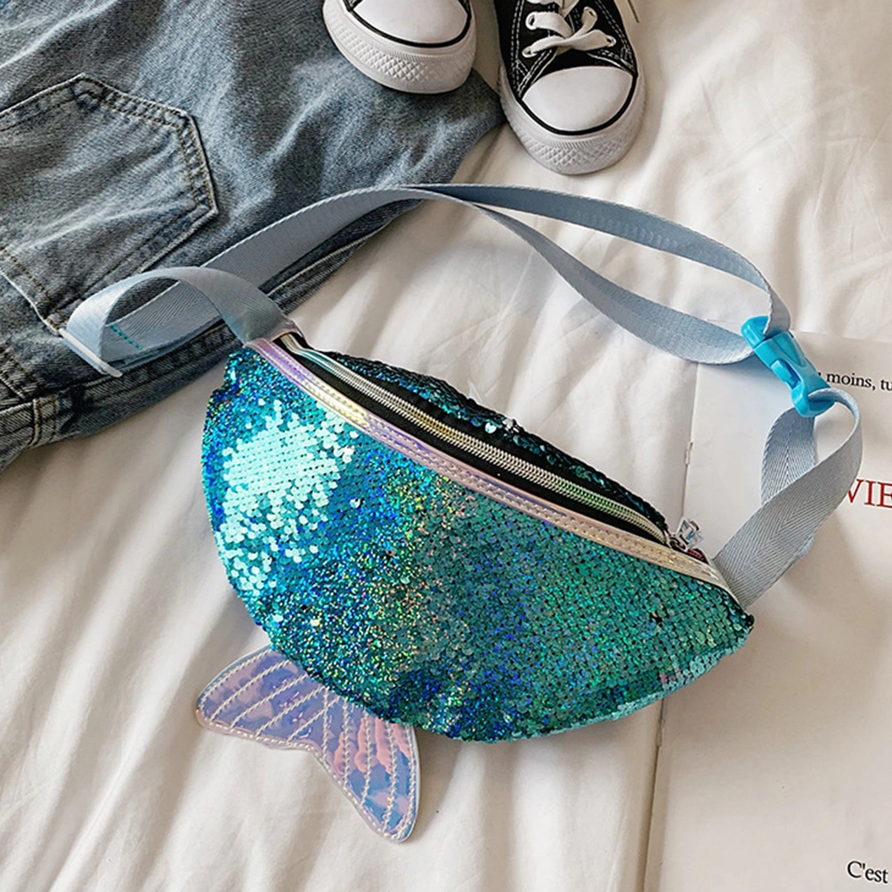 Mermaid Sequins Crossbody Bags Sky Blue Mermaid Tail Waist Pack With Adjustable Belt for Women Girls