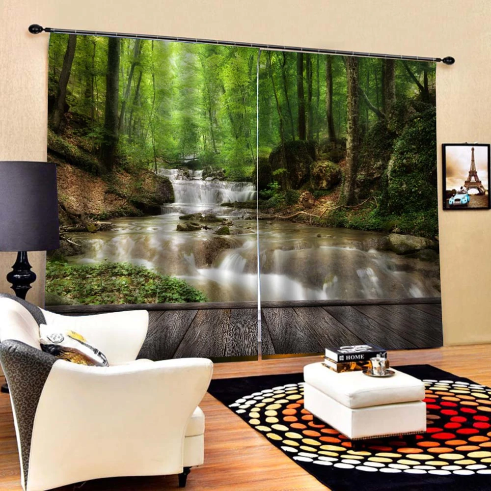 Hotel Home Universal Waterproof Polyester Curtain Decorative Printing Curtain for Home Hotel Living Room Bedroom (Forest Stream Water Pattern 150x166cm)