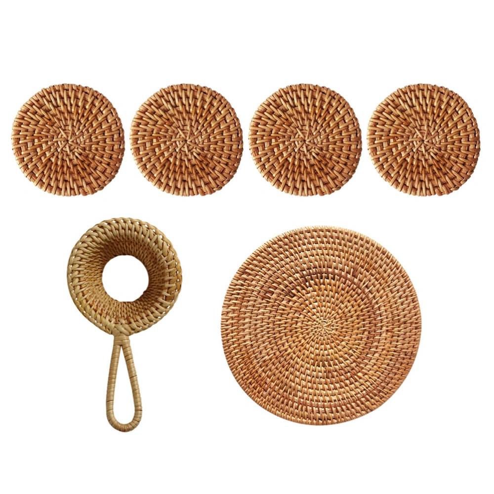 5pcs Rattan Coaster Braided Insulation Cup Holder Tea Cup Pads with Tea Strainer