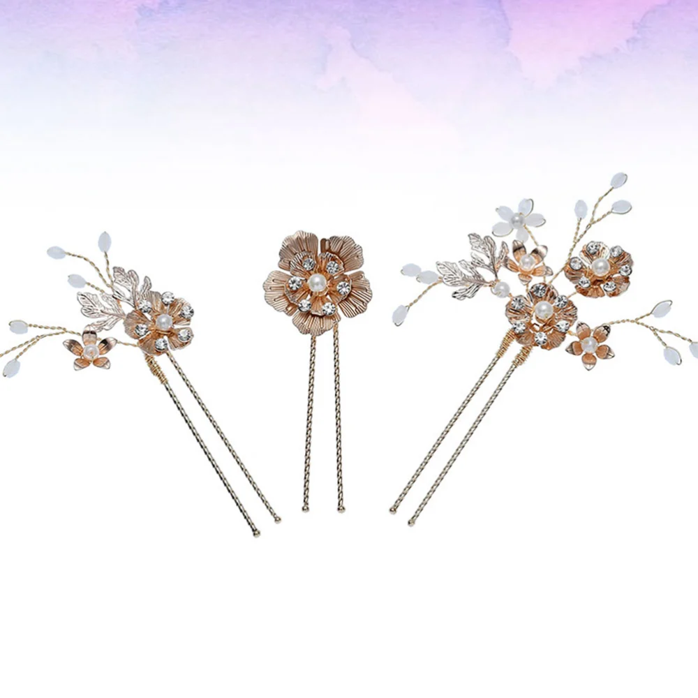 3pcs Wedding DIY Hairpin Alloy Bride Hair Sticks Fashion Hair Accessories Beautiful Party Headdress (Golden)