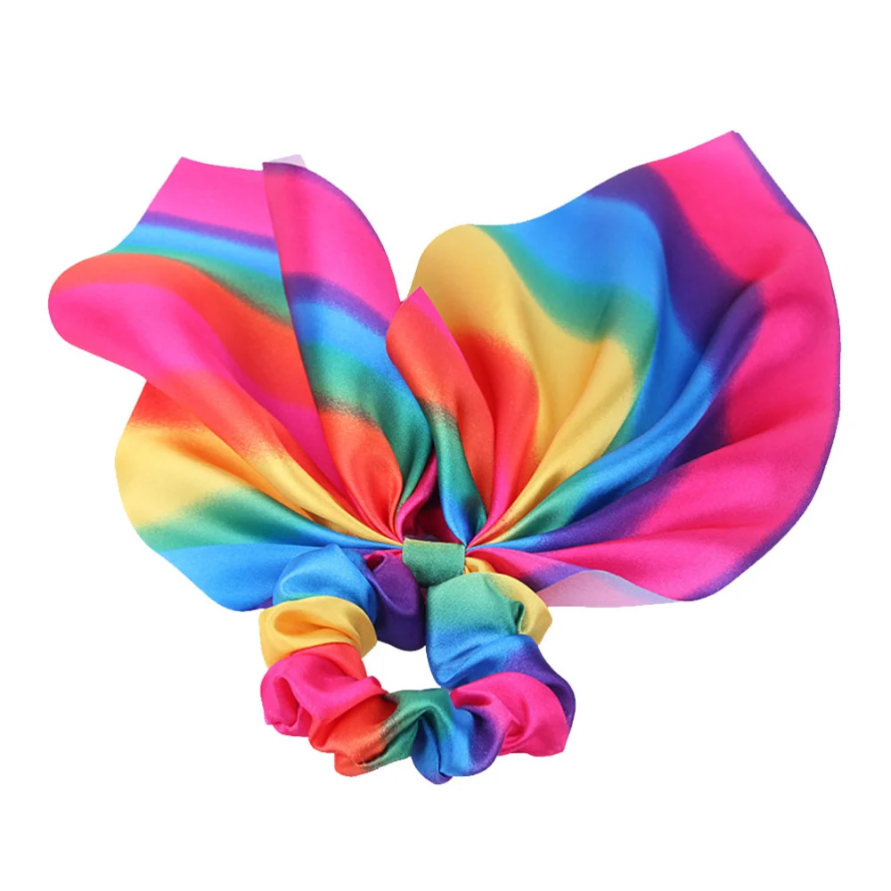 2pcs Adorable Rainbow Hair Tie Rabbit Ear Ponytail Holders Tassel Hair Accessory for Women Girls (Adults Style)