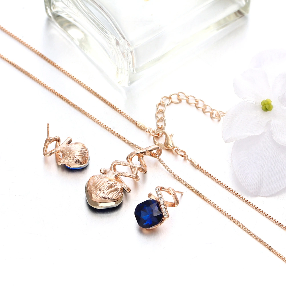 Women Pendant Necklace Earrings Set Austrian Water Drop Zircon Crystal Spiral Necklace Earrings Jewelry Suit Gift for Birthday Wedding Party (Blue)