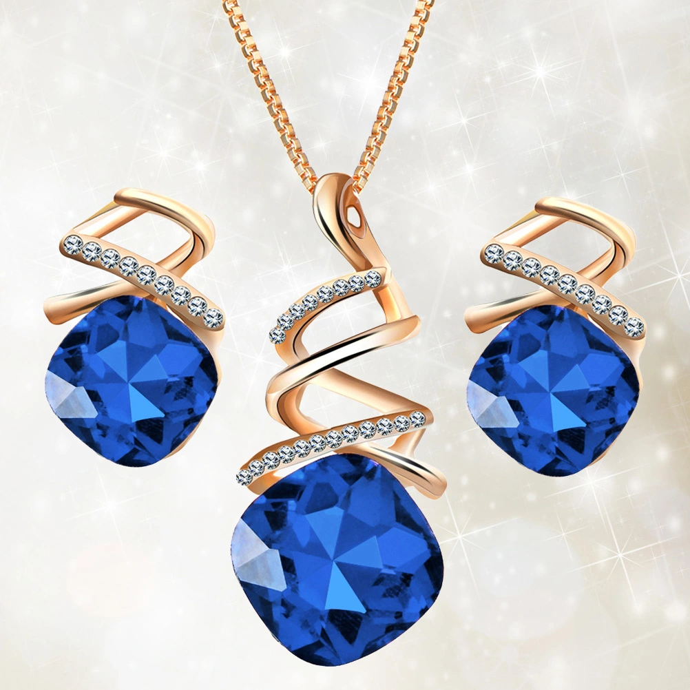 Women Pendant Necklace Earrings Set Austrian Water Drop Zircon Crystal Spiral Necklace Earrings Jewelry Suit Gift for Birthday Wedding Party (Blue)