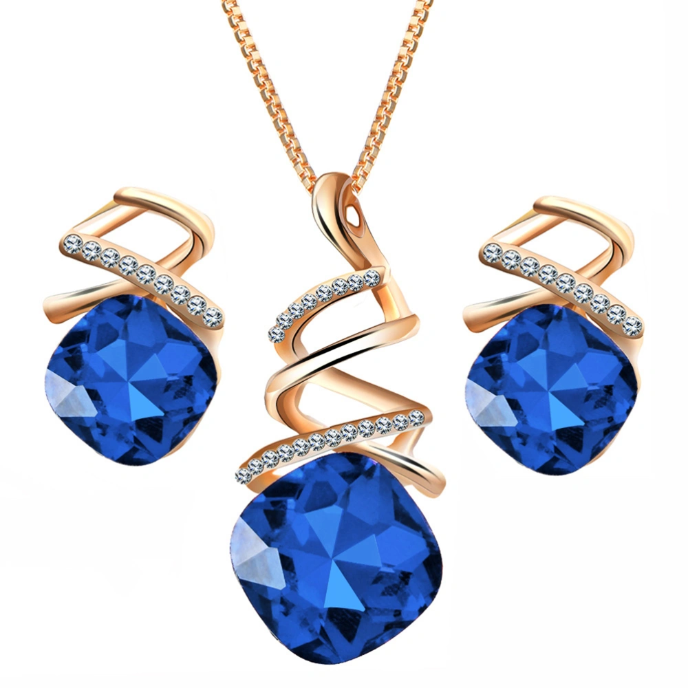 Women Pendant Necklace Earrings Set Austrian Water Drop Zircon Crystal Spiral Necklace Earrings Jewelry Suit Gift for Birthday Wedding Party (Blue)