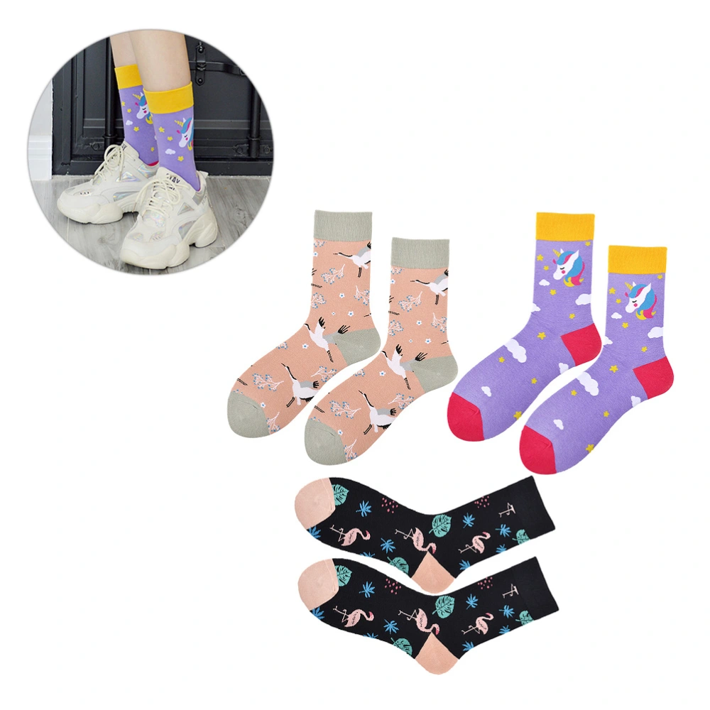 6 Pcs/3 Pairs Creative Cotton Couples Socks Skateboard Socks Autumn Fashion Hipster Sock for Men Women (Unicorn/Flamingo/Crane, Each Pattern 2pcs)