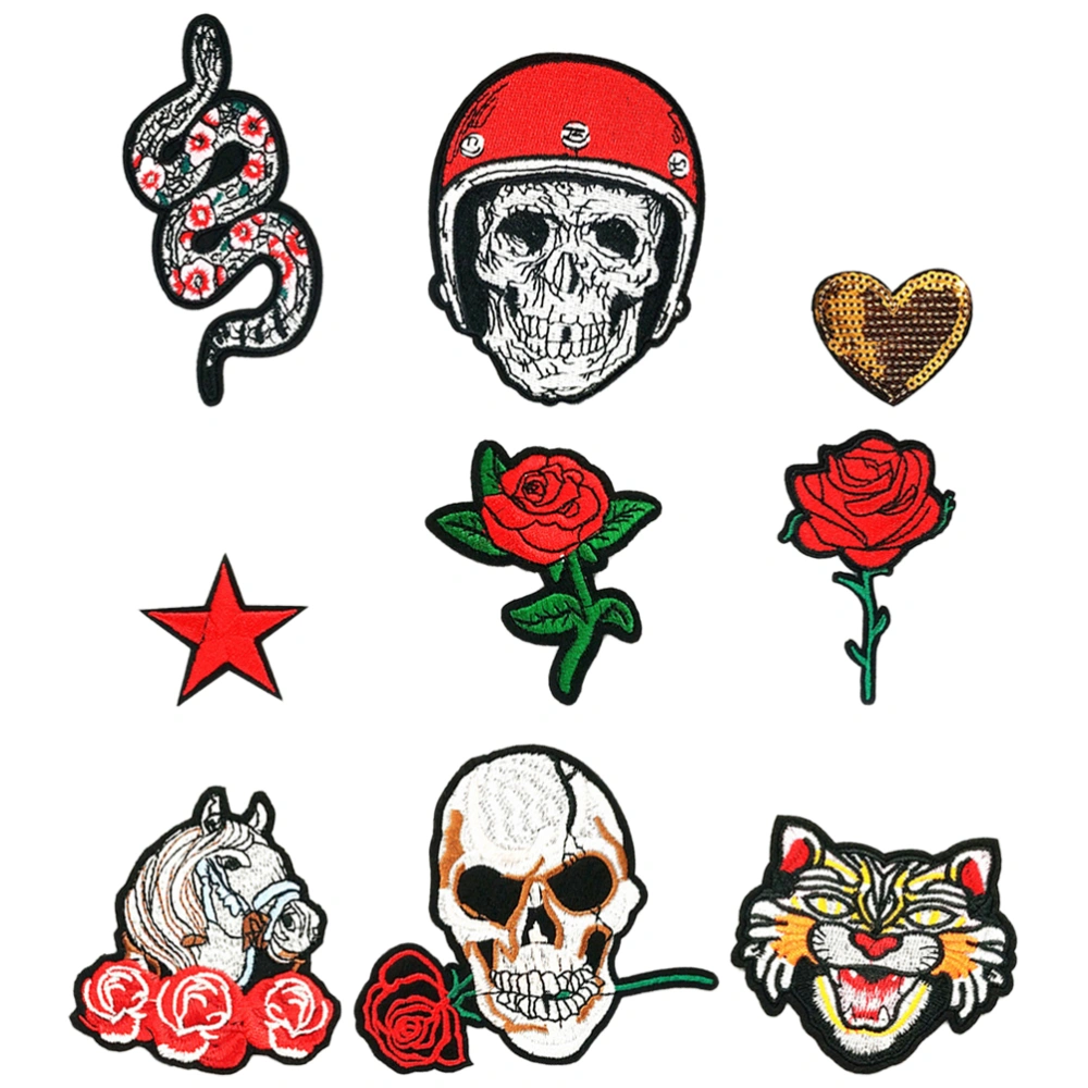 9pcs Punk Style Embroidery Patches Assorted Skull Patterns Cloth Stickers