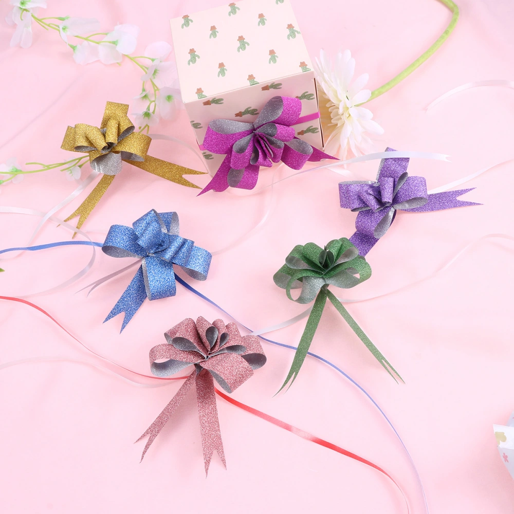 100pcs Glitter Pull Bows Gift Knot Ribbons String Bows for Gift Wrapping Flower Basket Wedding Car Decoration (Golden/Silver/Green/Purple/Red)