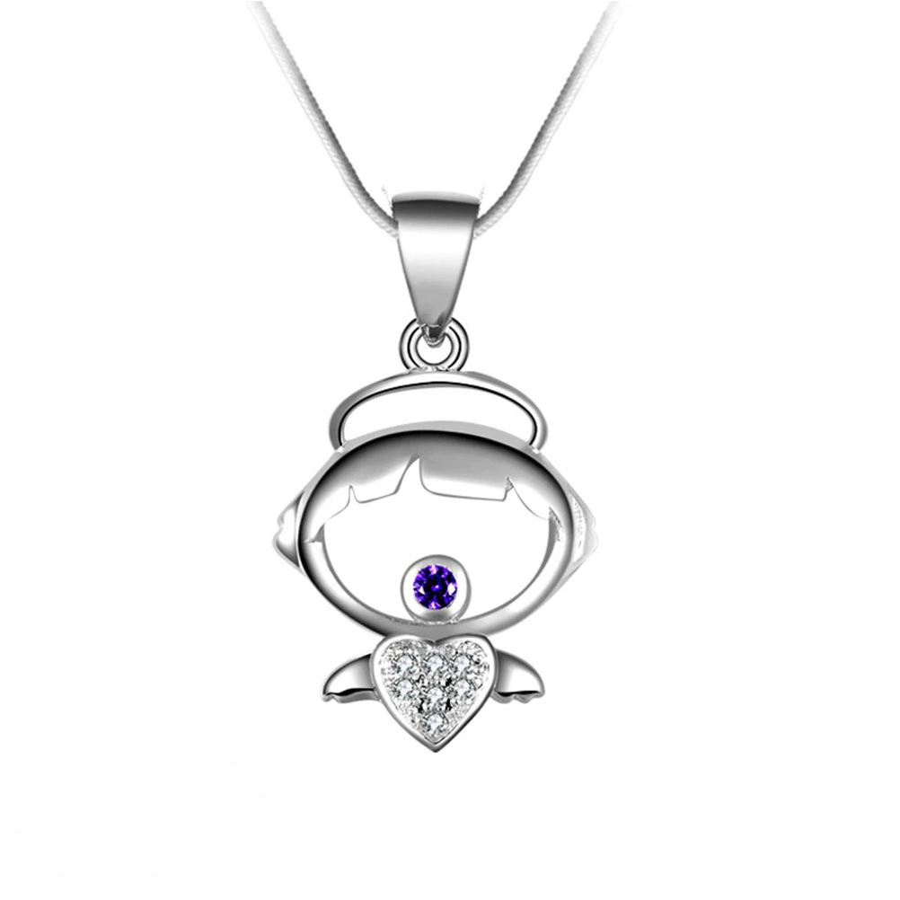 Romantic Angel Wings Girl Pendant Necklace Fashion Chain For Women Party Jewelry (Purple Crystal)