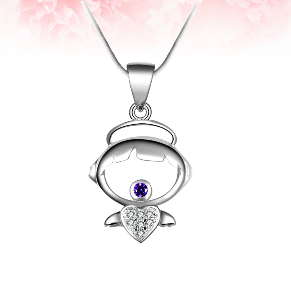 Romantic Angel Wings Girl Pendant Necklace Fashion Chain For Women Party Jewelry (Purple Crystal)