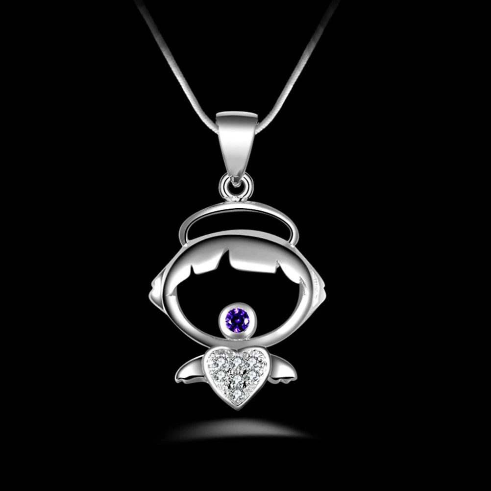 Romantic Angel Wings Girl Pendant Necklace Fashion Chain For Women Party Jewelry (Purple Crystal)