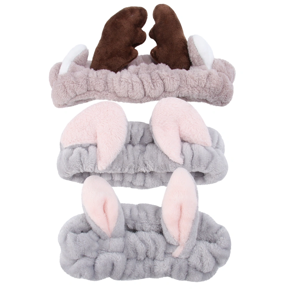 3pcs Plush Headband Hair Band Elastic Bowknot Headwear Spa Headband for Female Girls (Antler + Rabbbit Ear + Cat Ear)