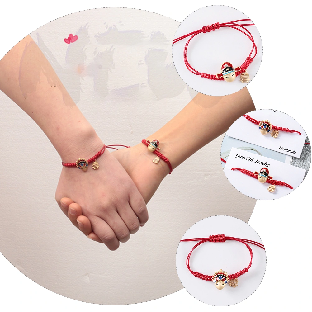 2pcs Chinese Style Opera Ornament Red Rope Bracelets Hand Chains (Red Blue)