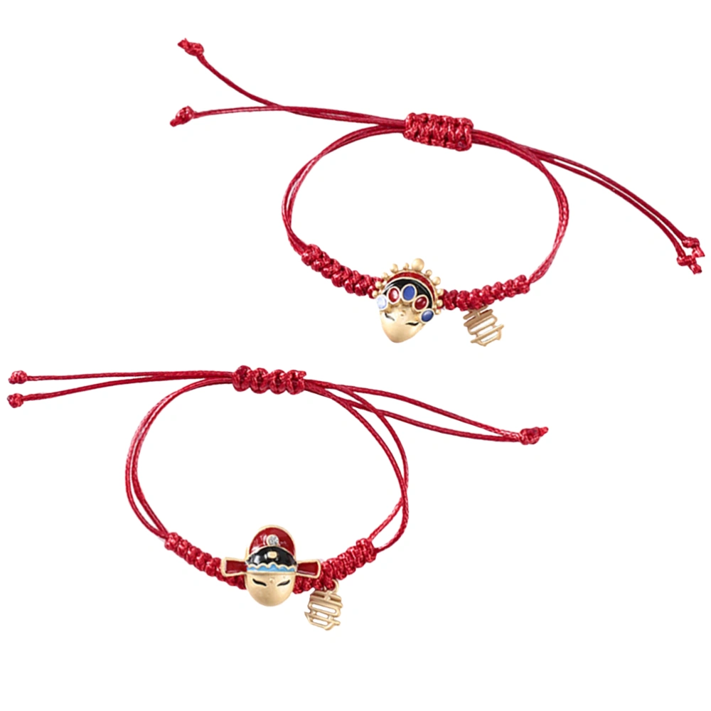 2pcs Chinese Style Opera Ornament Red Rope Bracelets Hand Chains (Red Blue)