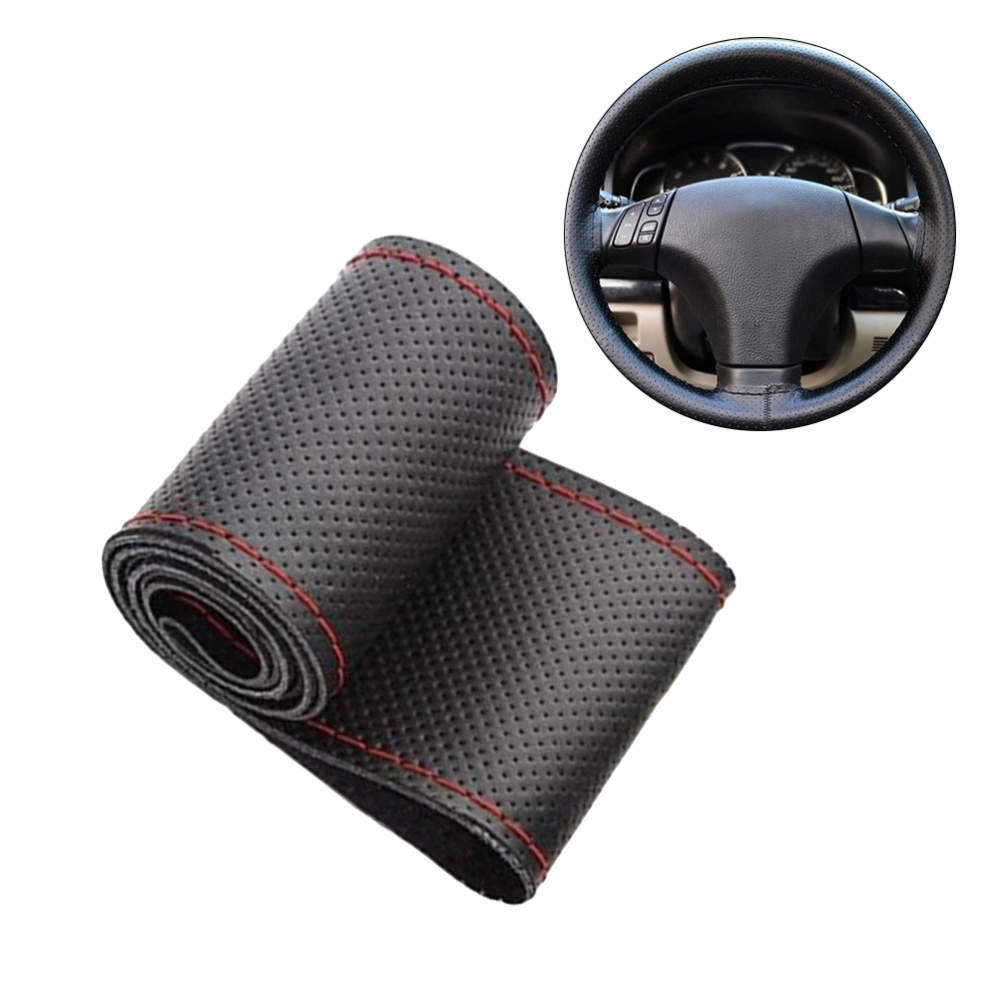 Black Drive Truck PU Leather with Needles and Thread Fit 38cm Car Steering Wheel Cover Protector (Black Cover with Red Thread)