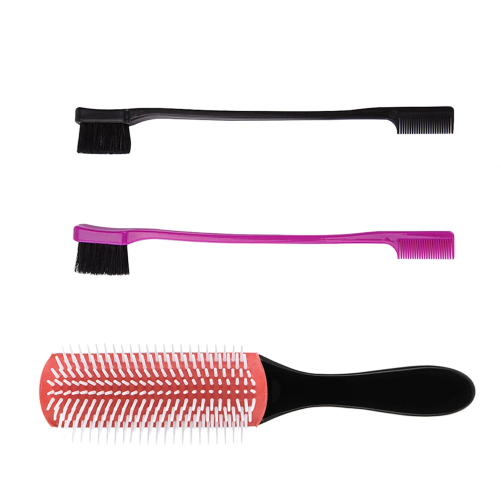 One Cushion Hair Comb and Two Eyebrow Brushes Paddle Hairbrush Natural Curly Hair Accessories for Women and Girls(Black Nine-row Comb + Purple Eyebrow Brush + Black Eyebrow Brush)