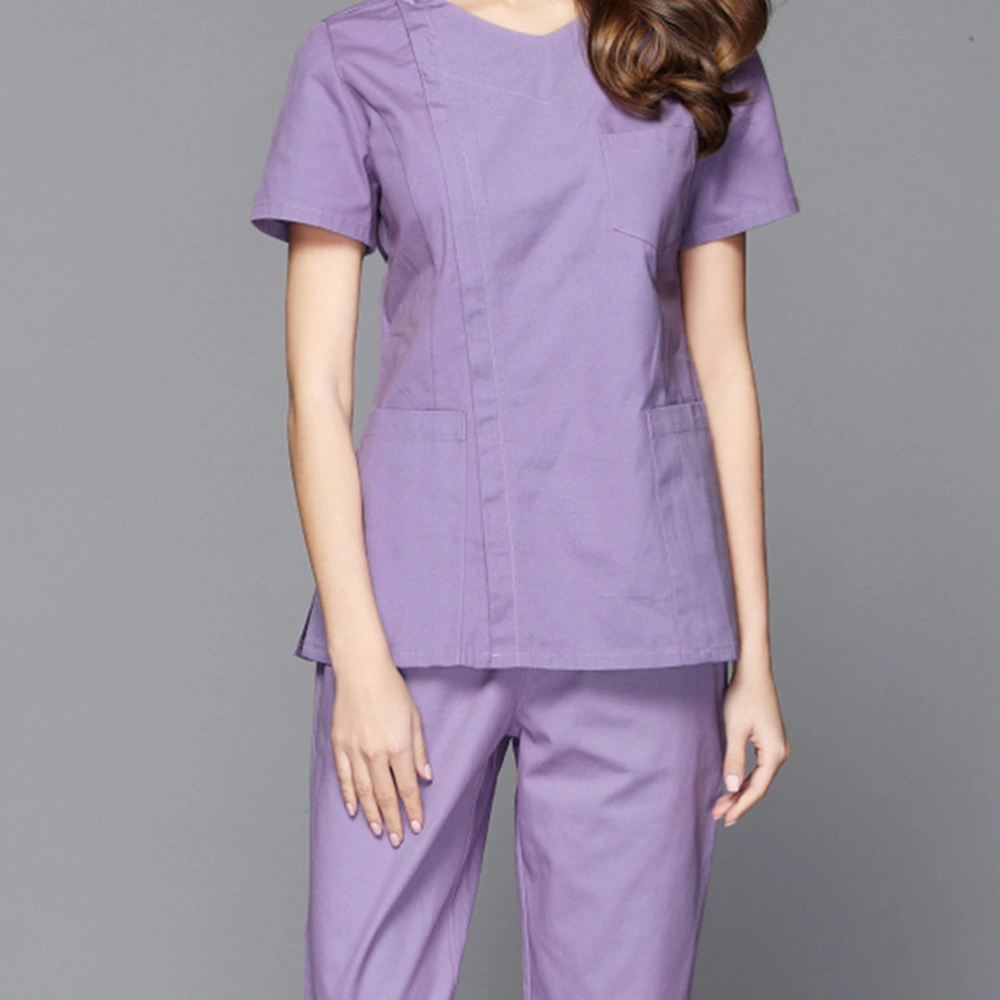 Purple Nursing Uniform Cotton Apparel Short Sleeve Hospital Working Two-Pieces Clothes Fashion V Neck Labour Costume for Beautician Nurse- Size L