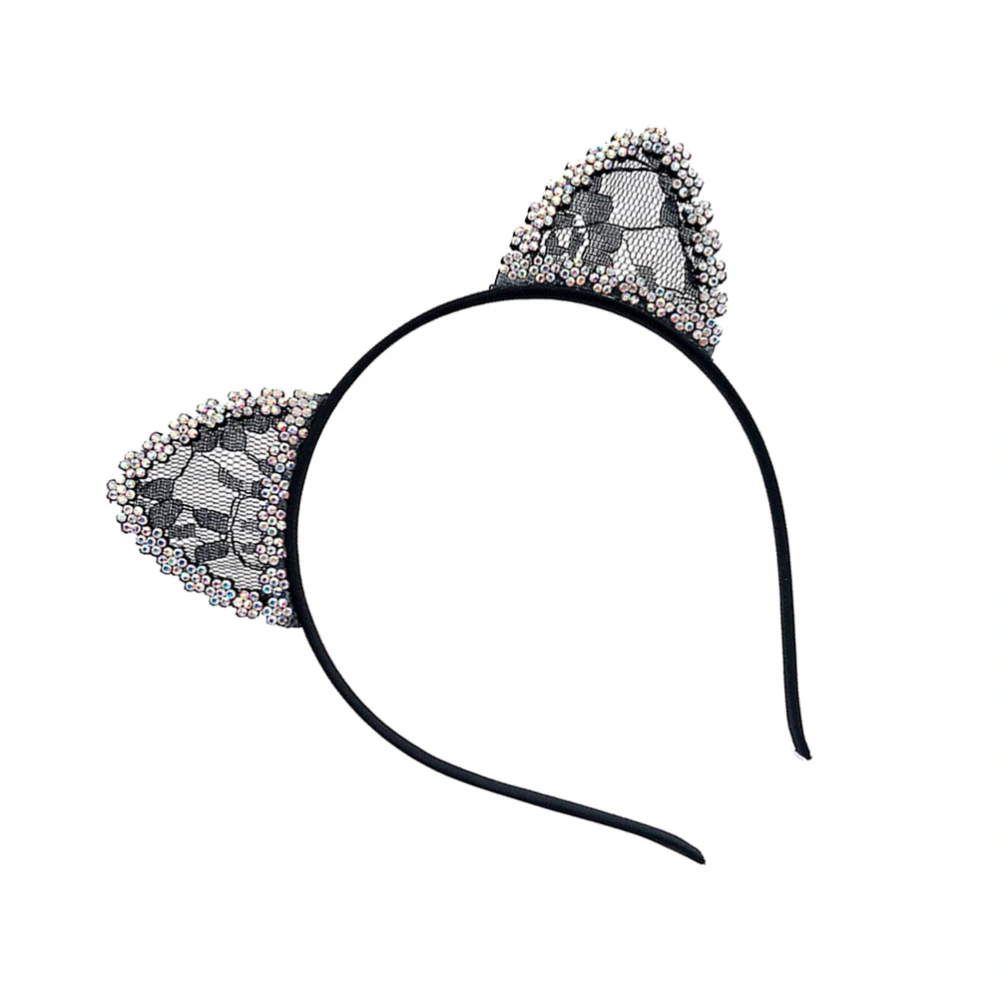 Lace Ears Headband Head Piece Flower Rhinestone Hair Hair Band Accessory Party Costume Supplies (Black)