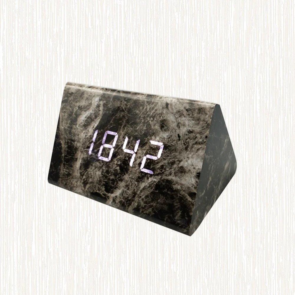 LED Marbled Mute Alarm Clock Decorative Desktop Alarm Clock Bedside Student Clock for Home School (Black)