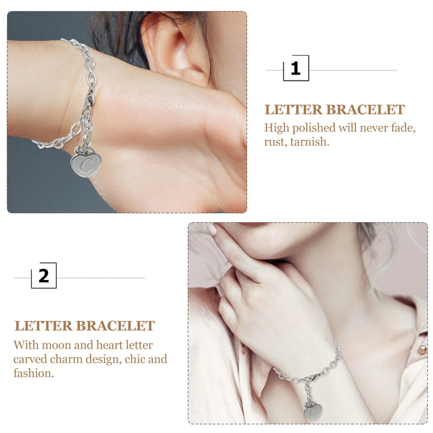 1PC Bracelet 26 Letters Moon Heart Charm Stainless Steel Bracelet Gifts for Women Men (Alphabet C)