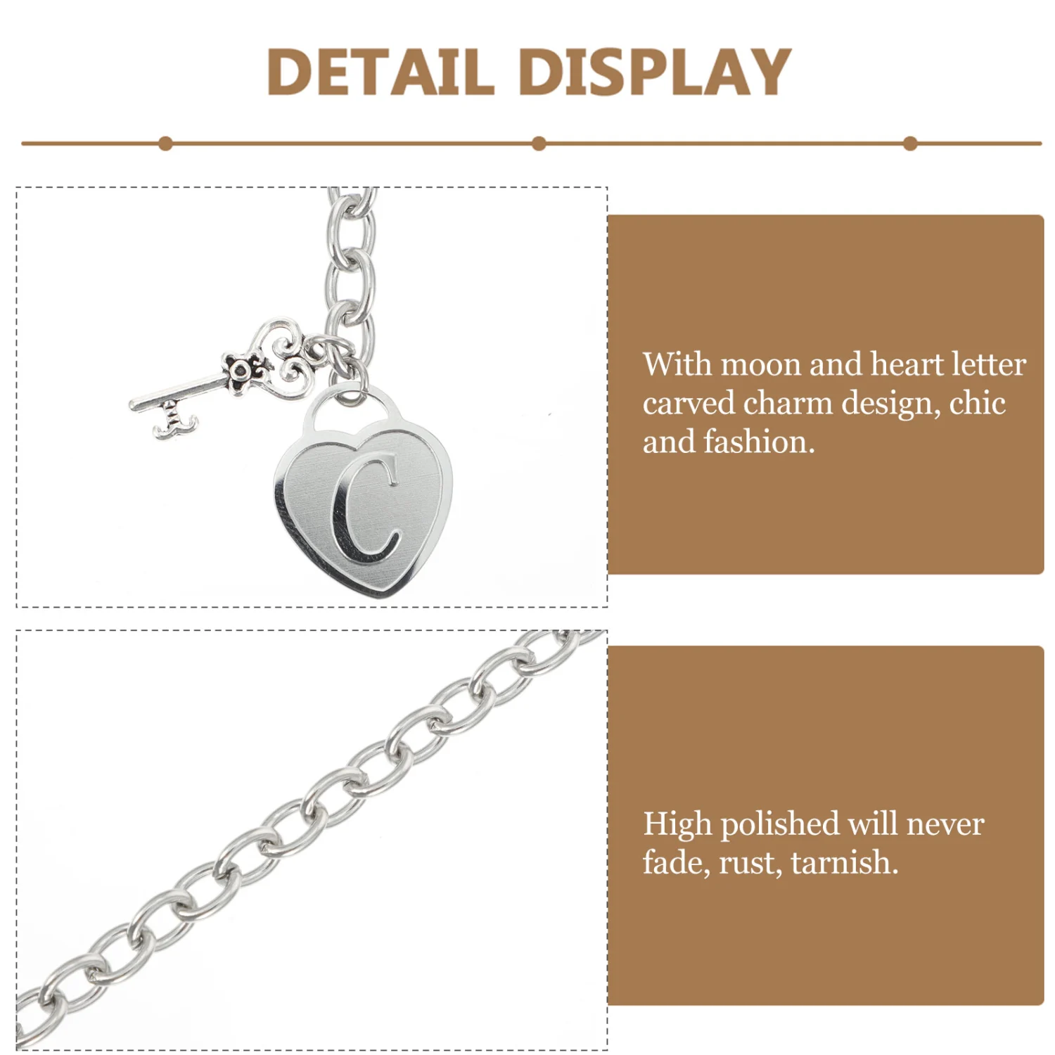 1PC Bracelet 26 Letters Moon Heart Charm Stainless Steel Bracelet Gifts for Women Men (Alphabet C)