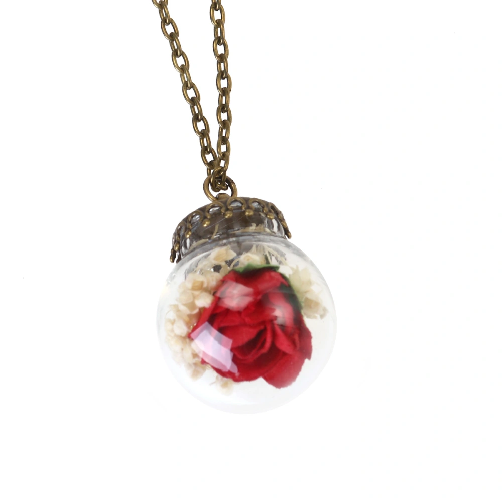 Vintage Retro Alloy Bronze Plated Dried Pressed-Flower Glass Ball Pendants Necklace Pendants (Red)