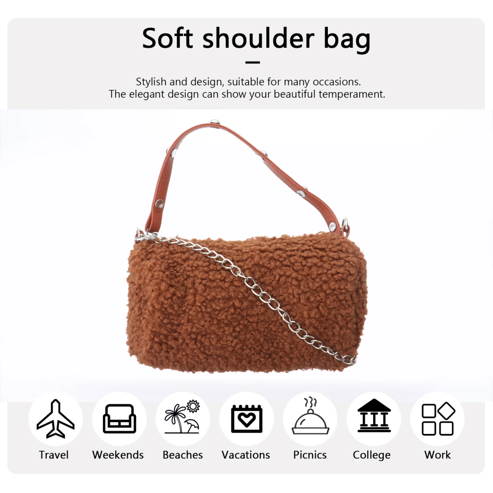 1Pc Fashion Plush Bucket Bag Stylish Rivet Portable Crossbody Bag Women Messenger Bag Handbag for Autumn Winter (Brown)