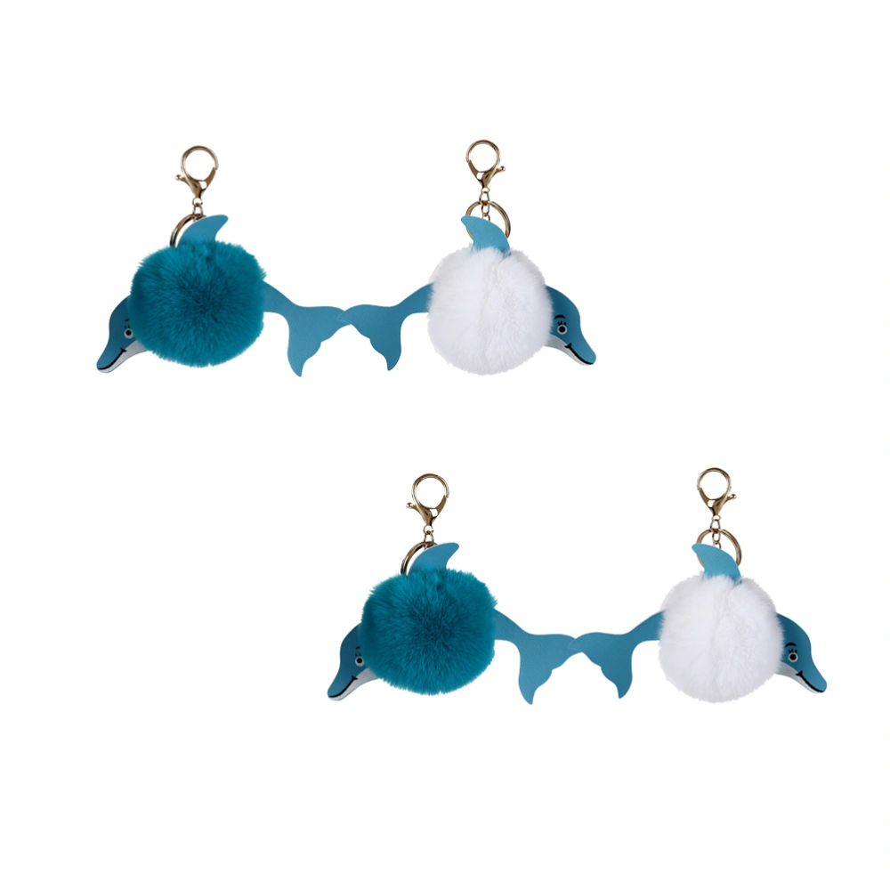 4pcs Funny Dolphin Hairball Keychains Creative Key Holder Lovely Key Ring Key Decoration Small Gift for Girls Women (Blue + White)