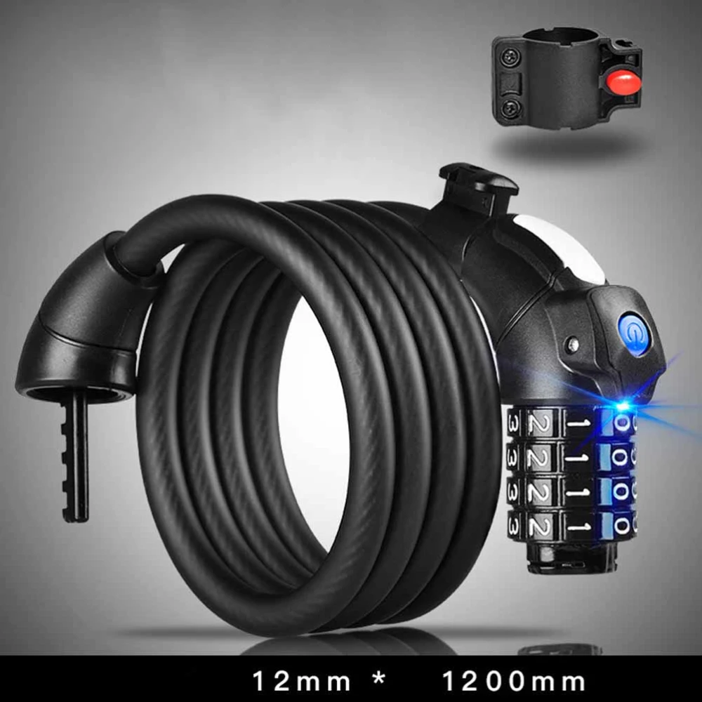 4 Digit Cycling Heavy Duty 120cm Cable Combination Password Frosted Bike Cable Lock Cable Coded Lock with LED Light (Black)