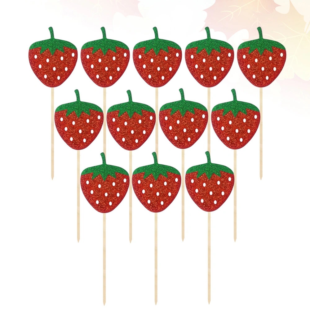 12pcs in 1 Pack Strawberry Pattern Insert Cake Inserted Picks Glitter Cake Toppers Fruits Cake Decor for Party Use 